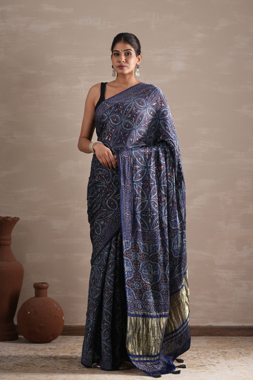Sooti Syahi ' Marine Mirage' Hand Block Printed  Modal Tissue Saree