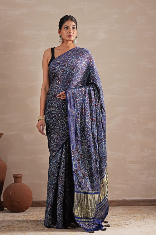 Sooti Syahi ' Marine Mirage' Hand Block Printed  Modal Tissue Saree