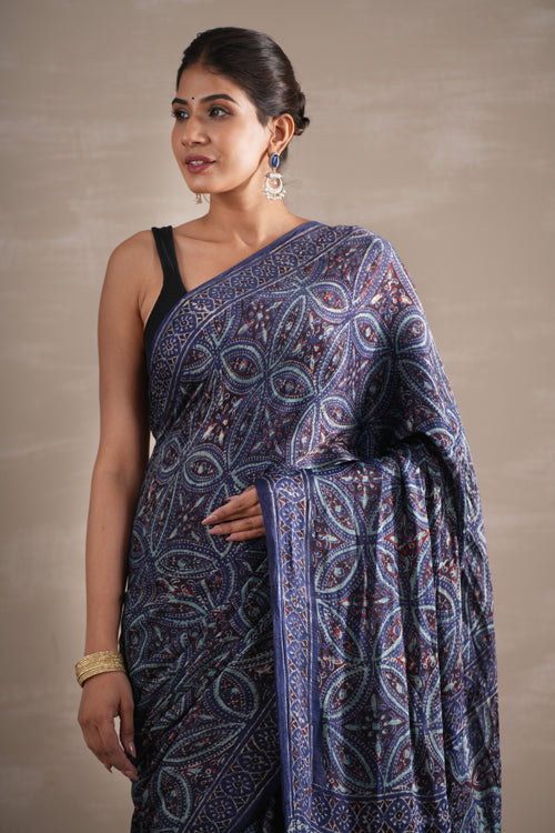 Sooti Syahi ' Marine Mirage' Hand Block Printed  Modal Tissue Saree