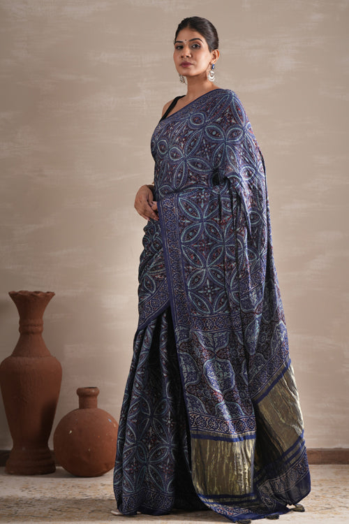 Sooti Syahi ' Marine Mirage' Hand Block Printed  Modal Tissue Saree
