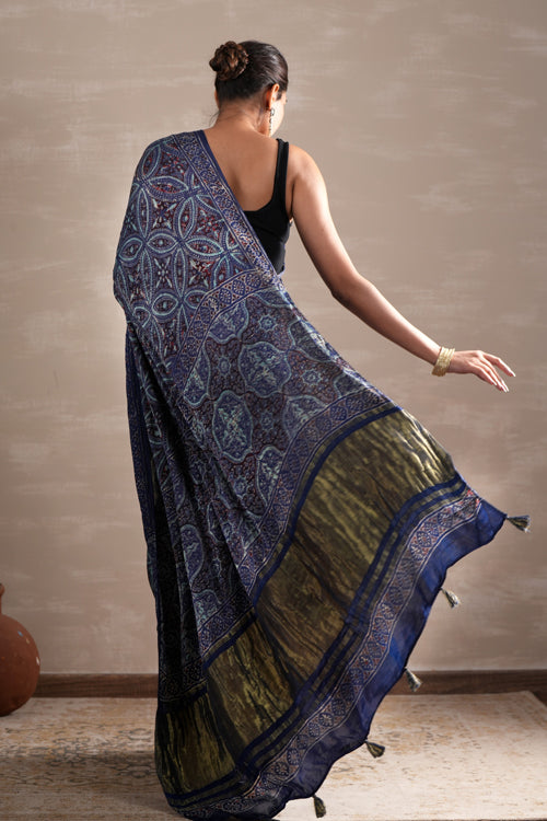 Sooti Syahi ' Marine Mirage' Hand Block Printed  Modal Tissue Saree