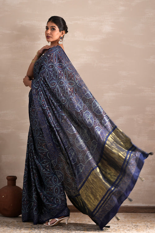Sooti Syahi ' Marine Mirage' Hand Block Printed  Modal Tissue Saree