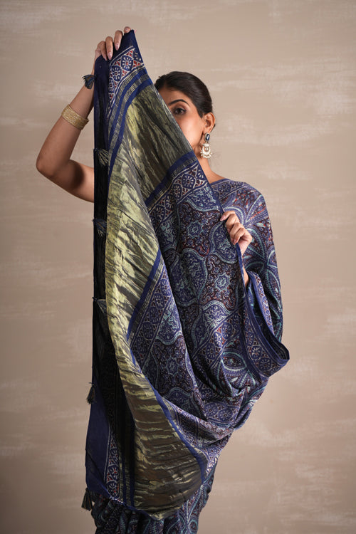 Sooti Syahi ' Marine Mirage' Hand Block Printed  Modal Tissue Saree