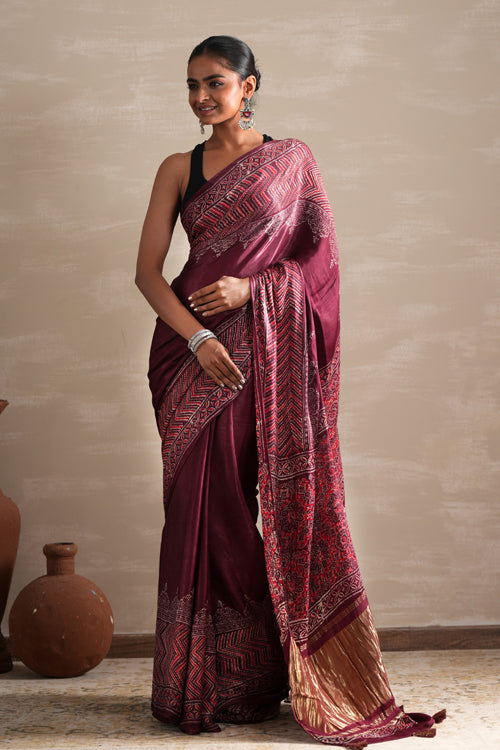 Sooti Syahi ' Vermilion Veil' Hand Block Printed  Modal Tissue Saree