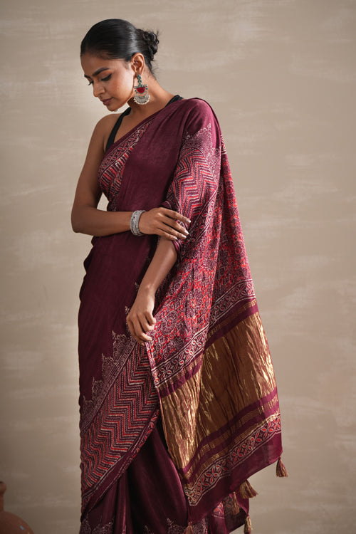 Sooti Syahi ' Vermilion Veil' Hand Block Printed  Modal Tissue Saree