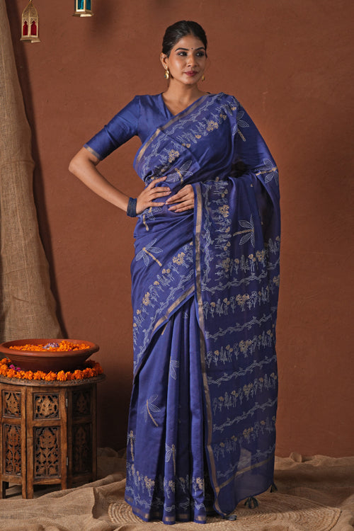 Sooti Syahi ' Golden Ocean' Hand Block Printed Chanderi Silk Saree