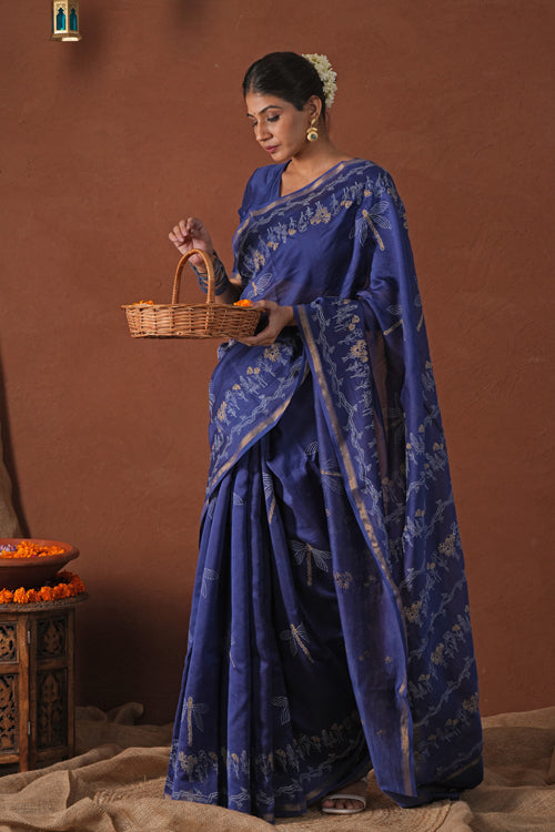 Sooti Syahi ' Golden Ocean' Hand Block Printed Chanderi Silk Saree
