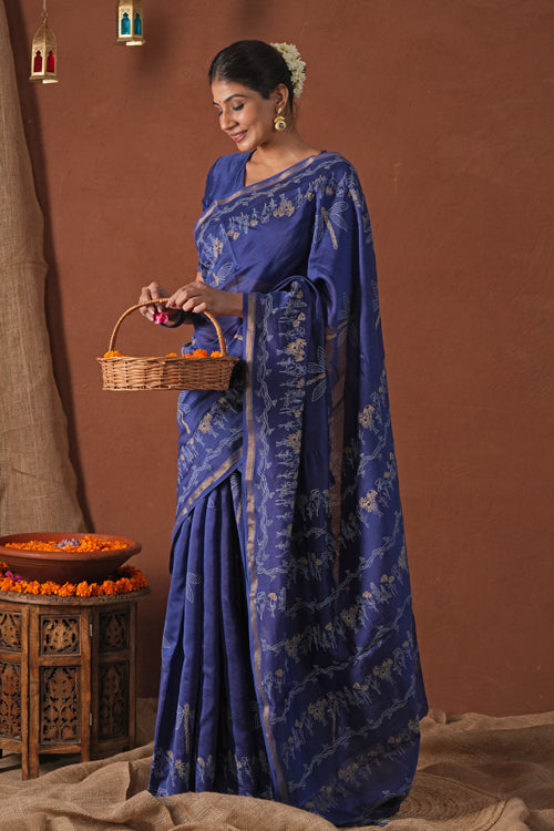 Sooti Syahi ' Golden Ocean' Hand Block Printed Chanderi Silk Saree