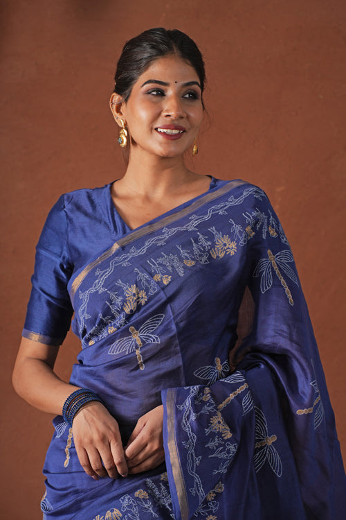 Sooti Syahi ' Golden Ocean' Hand Block Printed Chanderi Silk Saree