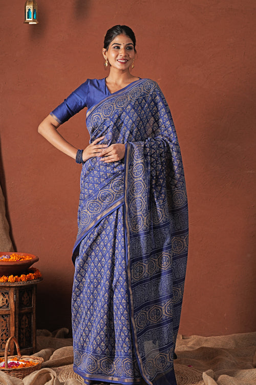 Sooti Syahi ' Celestial Blue'Hand Block Printed Chanderi Silk Saree