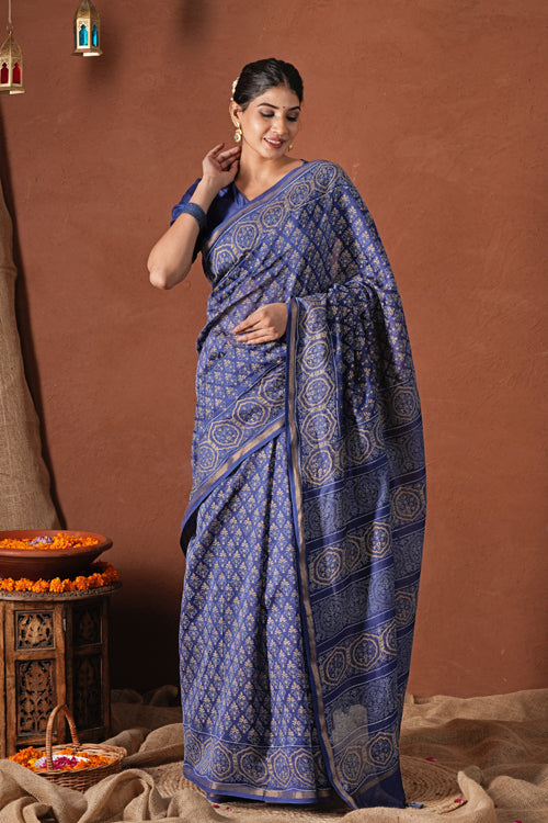 Sooti Syahi ' Celestial Blue'Hand Block Printed Chanderi Silk Saree