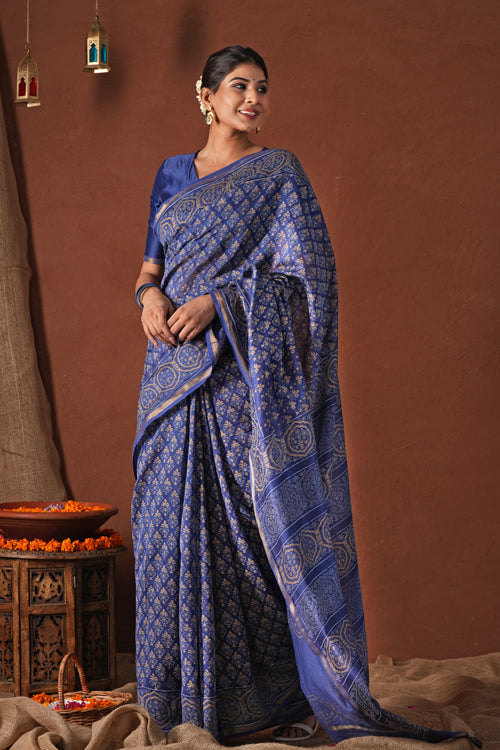 Sooti Syahi ' Celestial Blue'Hand Block Printed Chanderi Silk Saree