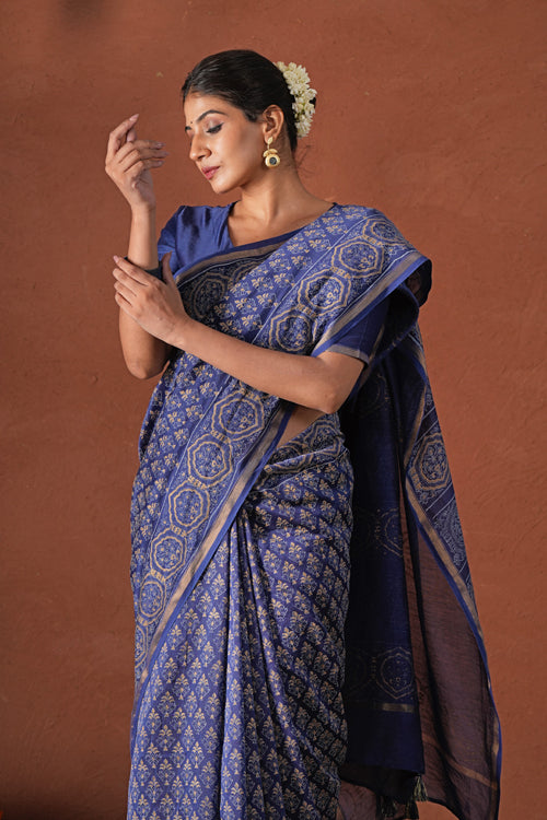 Sooti Syahi ' Celestial Blue'Hand Block Printed Chanderi Silk Saree