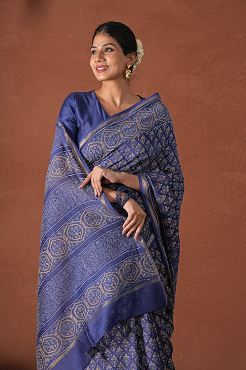 Sooti Syahi ' Celestial Blue'Hand Block Printed Chanderi Silk Saree