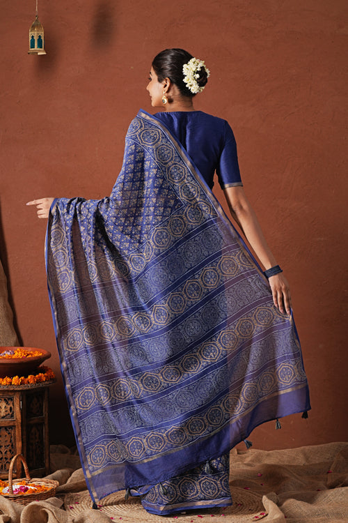 Sooti Syahi ' Celestial Blue'Hand Block Printed Chanderi Silk Saree