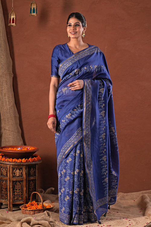 Sooti Syahi ' Golden Azure' Hand Block Printed Chanderi Silk Saree