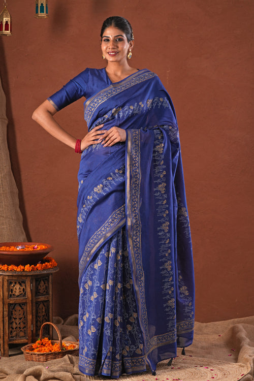 Sooti Syahi ' Golden Azure' Hand Block Printed Chanderi Silk Saree