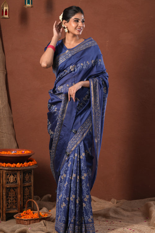 Sooti Syahi ' Golden Azure' Hand Block Printed Chanderi Silk Saree