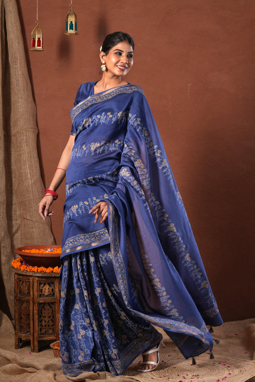 Sooti Syahi ' Golden Azure' Hand Block Printed Chanderi Silk Saree
