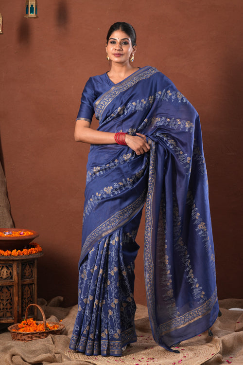 Sooti Syahi ' Golden Azure' Hand Block Printed Chanderi Silk Saree
