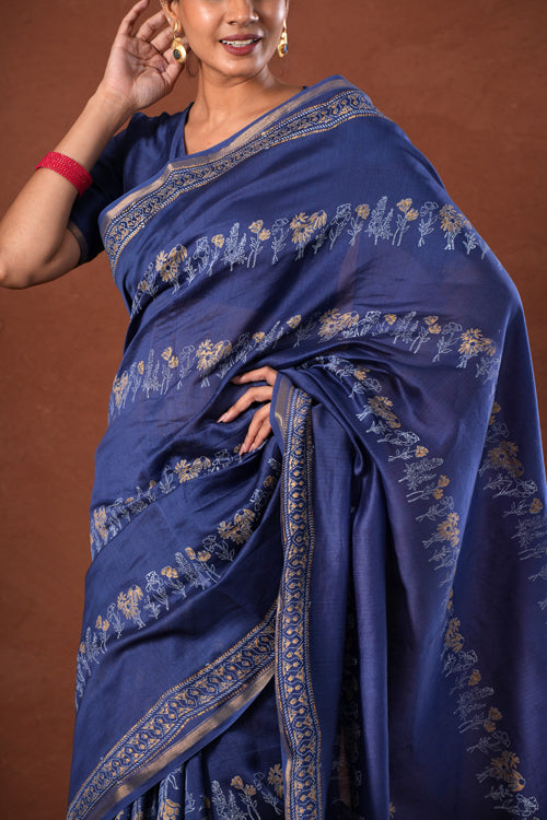 Sooti Syahi ' Golden Azure' Hand Block Printed Chanderi Silk Saree