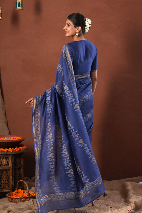Sooti Syahi ' Golden Azure' Hand Block Printed Chanderi Silk Saree