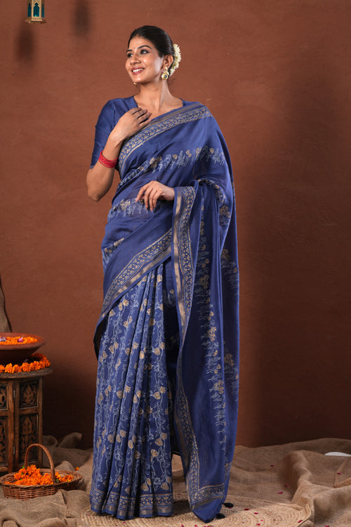 Sooti Syahi ' Golden Azure' Hand Block Printed Chanderi Silk Saree