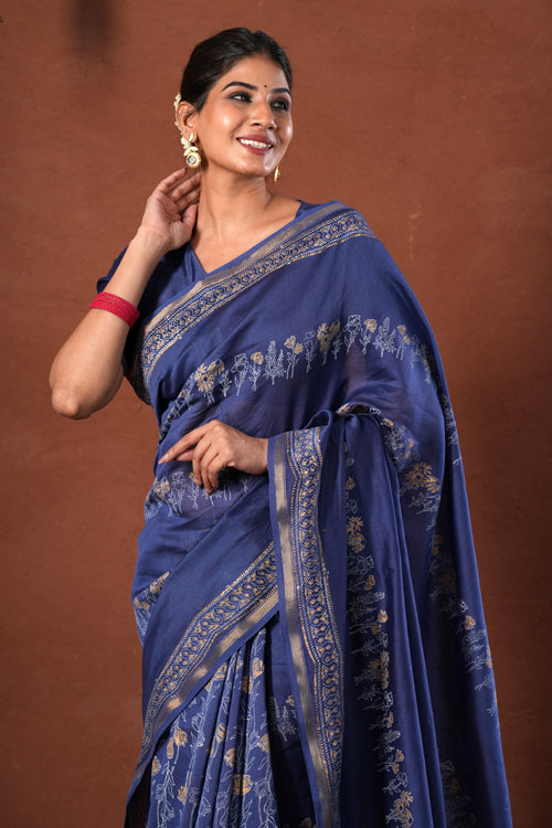 Sooti Syahi ' Golden Azure' Hand Block Printed Chanderi Silk Saree