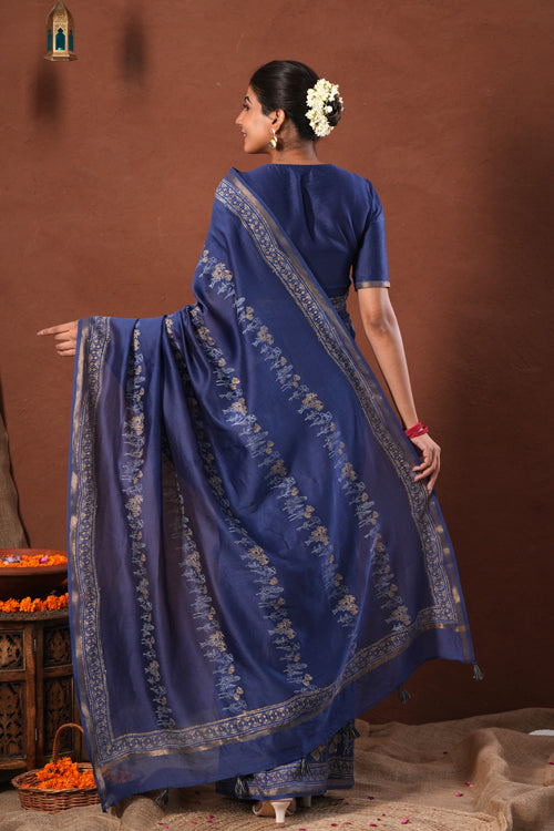 Sooti Syahi ' Golden Azure' Hand Block Printed Chanderi Silk Saree
