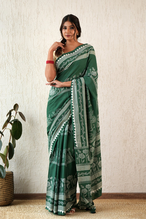 Sooti Syahi ' Moonlit Mirage' Hand Block Mul Cotton Saree