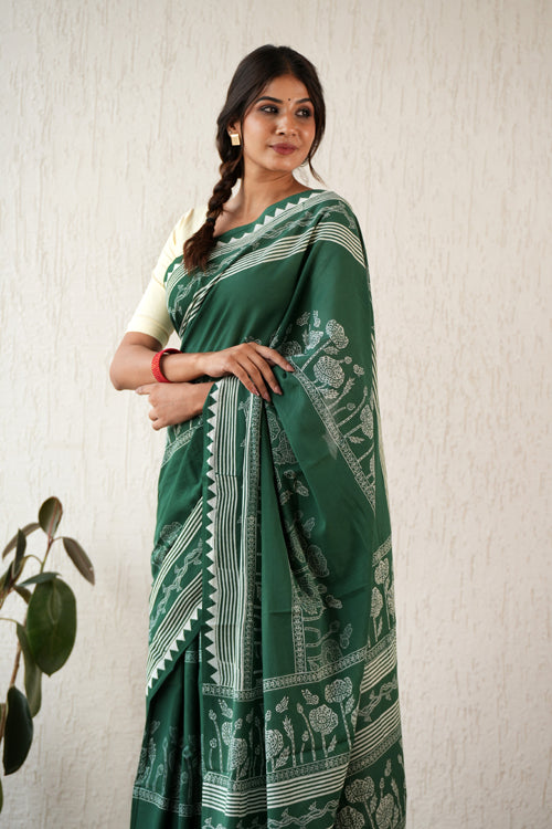Sooti Syahi ' Moonlit Mirage' Hand Block Mul Cotton Saree