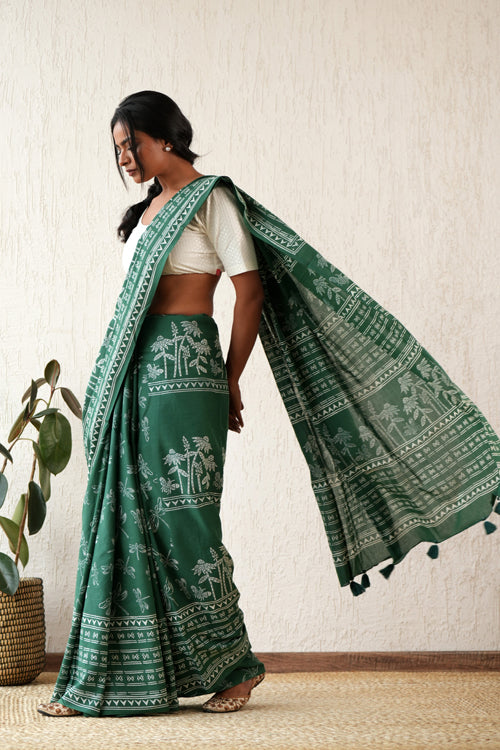 Sooti Syahi ' Celestial Drift' Hand Block Mul Cotton Saree