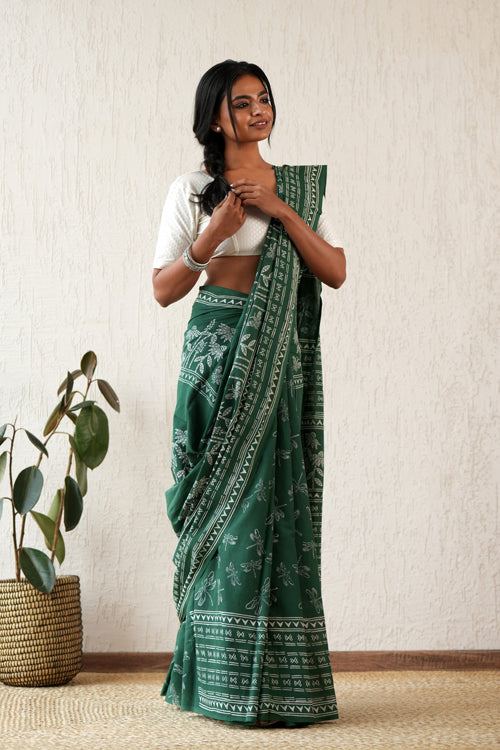 Sooti Syahi ' Celestial Drift' Hand Block Mul Cotton Saree
