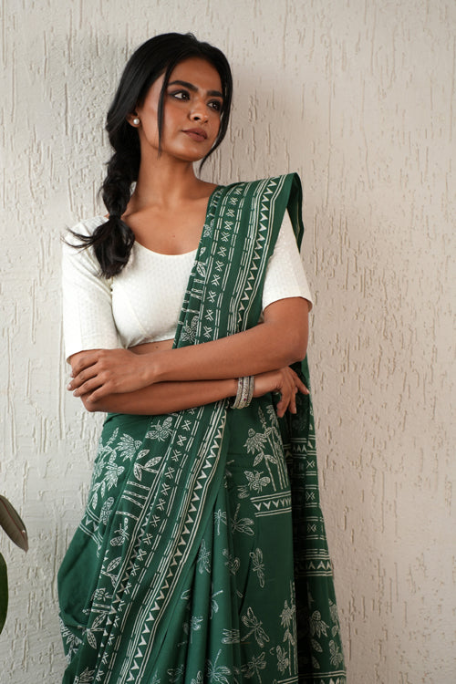 Sooti Syahi ' Celestial Drift' Hand Block Mul Cotton Saree
