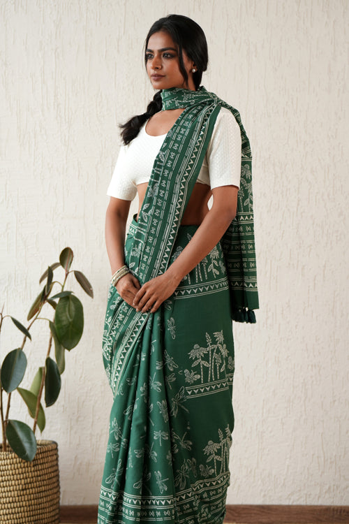 Sooti Syahi ' Celestial Drift' Hand Block Mul Cotton Saree