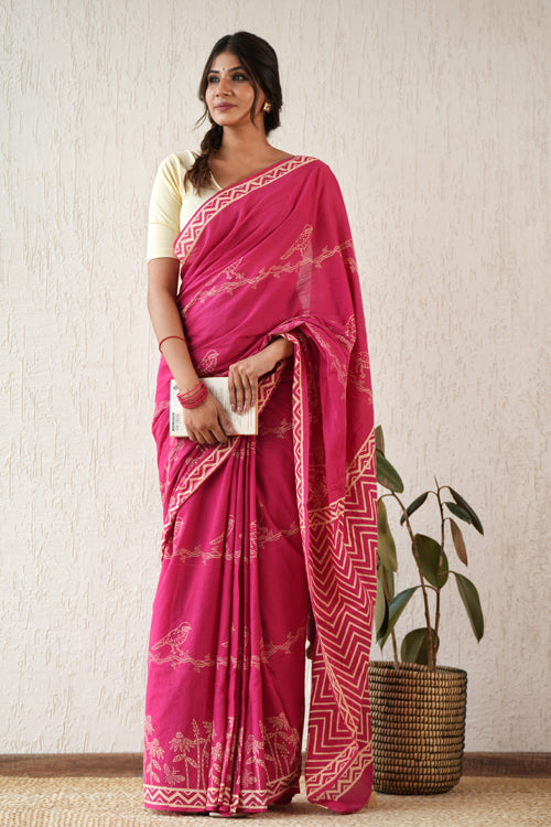 Sooti Syahi ' Twilight Harmony' Hand Block Mul Cotton Saree
