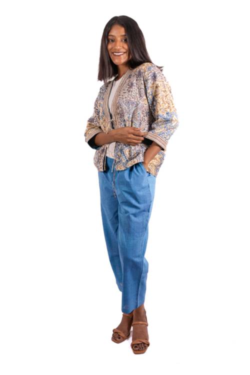 Creative Bee 'NOA' Women's Handwoven, Multiblock Patterned, Natural-Colored, Block Printed  Reversible Short Jacket