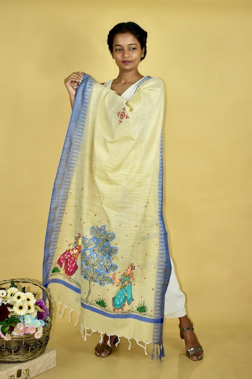 Pattachitra Handpainted Indigo Cotton Silk Dupatta
