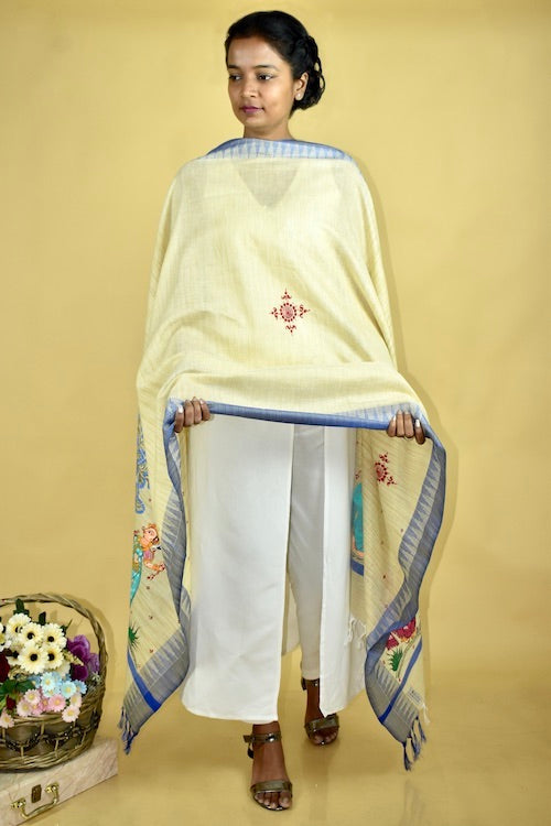 Pattachitra Handpainted Indigo Cotton Silk Dupatta