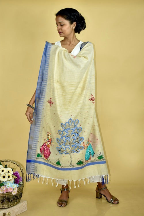 Pattachitra Handpainted Indigo Cotton Silk Dupatta