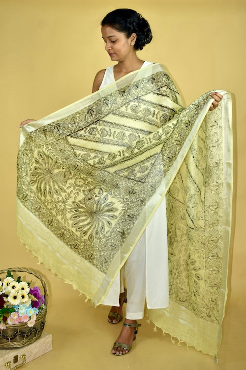 Diorama Designs Madhubani All Over Hand-Painted  Linen Dupatta