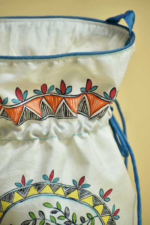 Diorama Designs "Feather & Fins" Silk Handpainted Madhubani Potli
