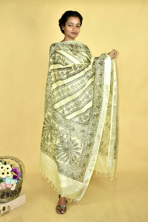 Diorama Designs Madhubani All Over Hand-Painted  Linen Dupatta