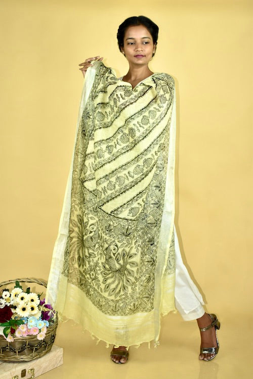 Diorama Designs Madhubani All Over Hand-Painted  Linen Dupatta