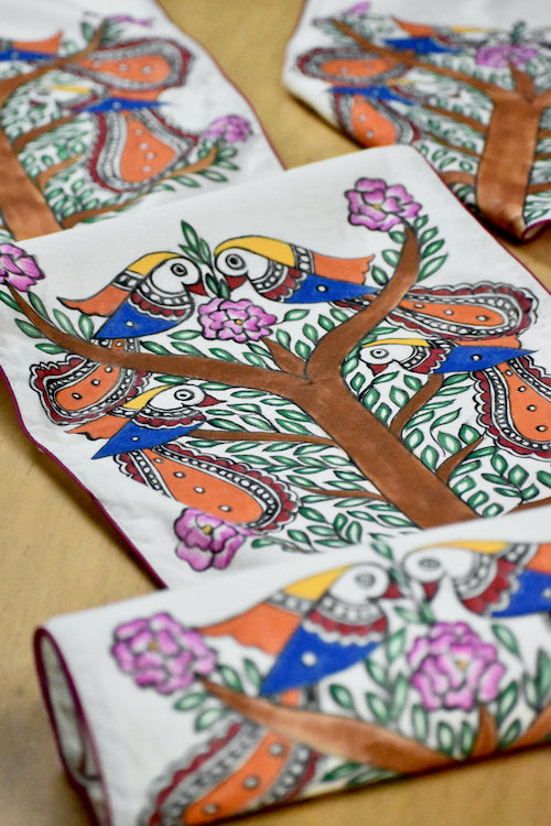 Diorama Designs Handpainted Chanderi Silk "Birds In Harmony" Table Runner & Mats