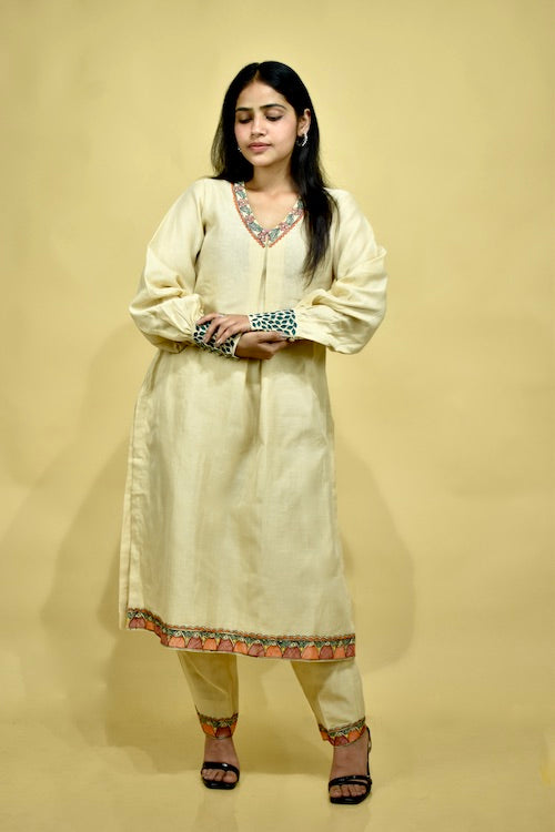Diorama Designs Chanderi Madhubani Hand-Painted  Kurta Pant Set