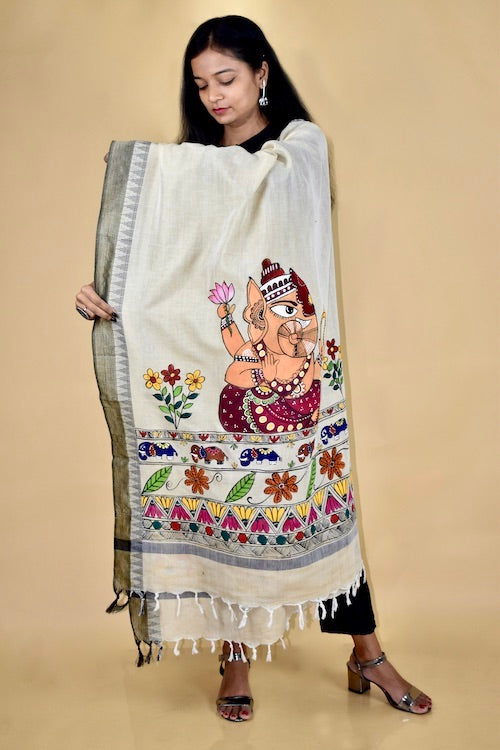 Diorama Designs Madhubani Hand-Painted  "Krishna Kanta" Cotton Dupatta