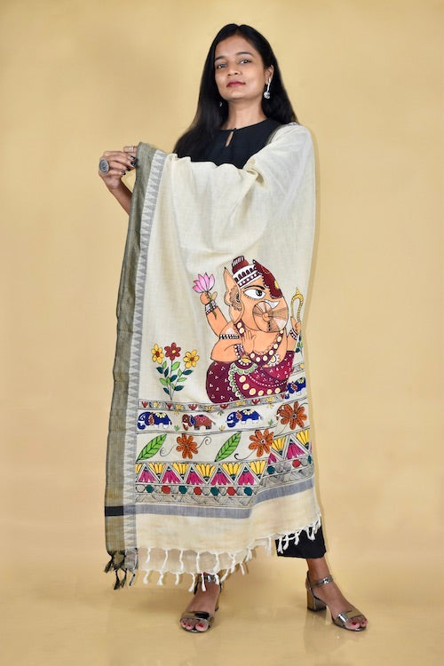 Diorama Designs Madhubani Hand-Painted  "Krishna Kanta" Cotton Dupatta