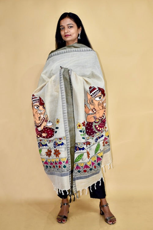 Diorama Designs Madhubani Hand-Painted  "Krishna Kanta" Cotton Dupatta