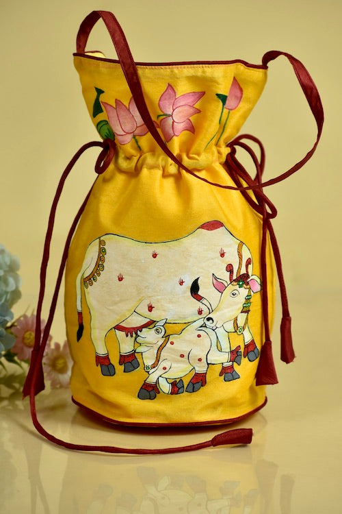 Diorama Designs "Pichwai Cow" Silk Handpainted Potli